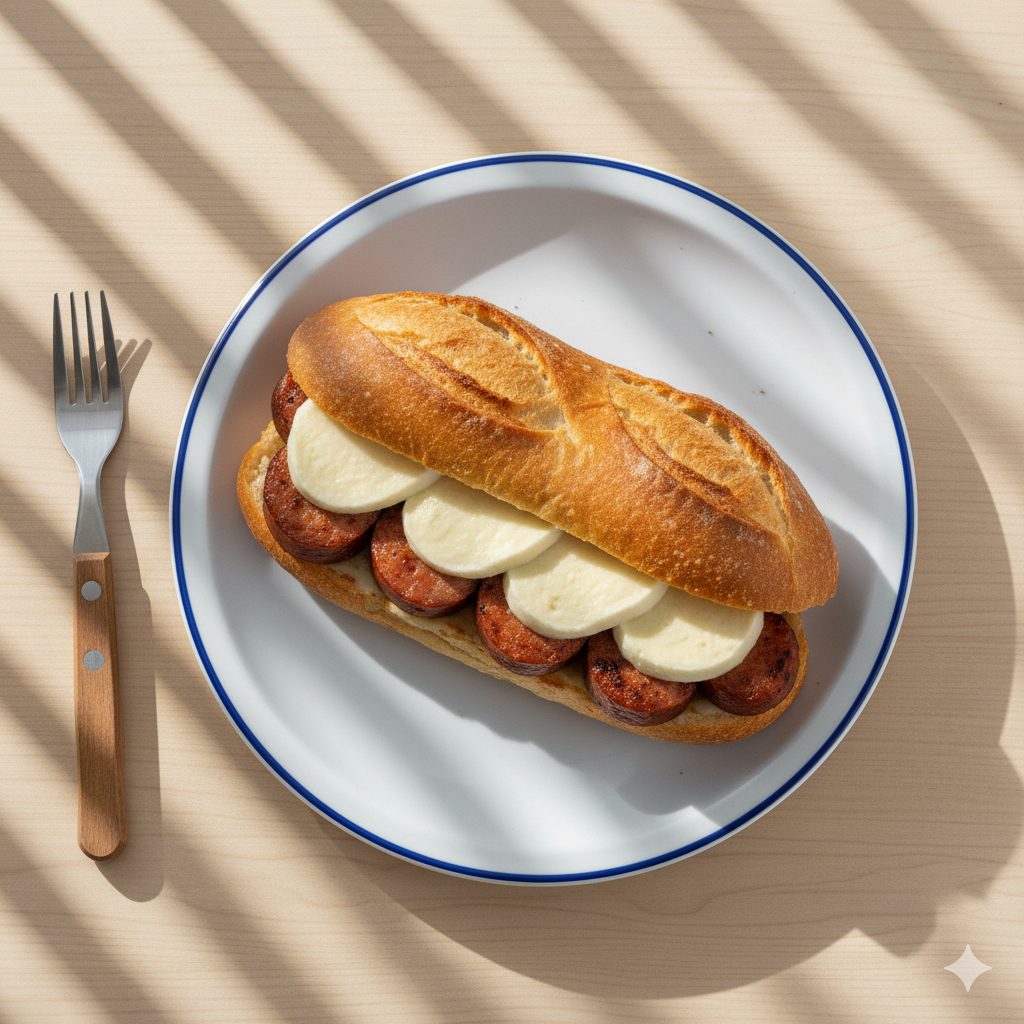 Pão com linguiça e queijo