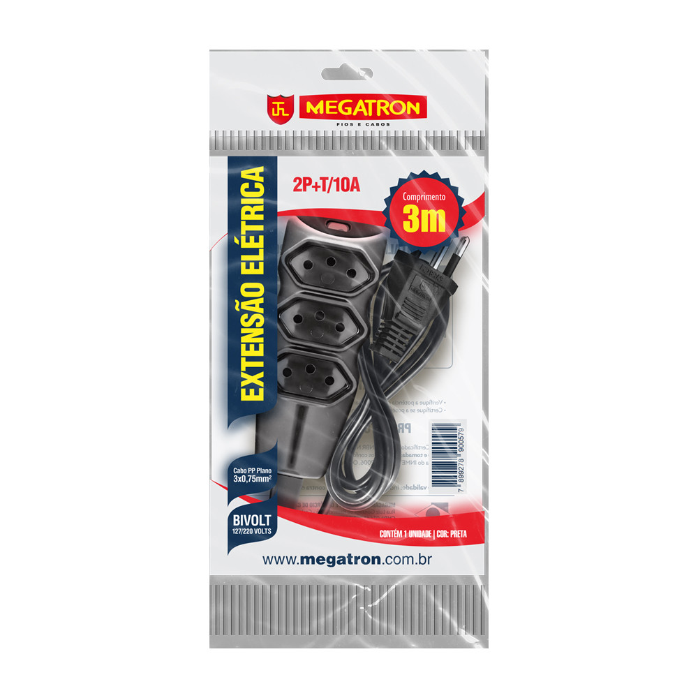 EXTENSAO ELETRICA MEGATRON 10A C/3M
