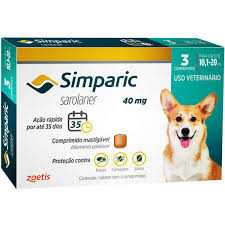 Antipulgas Simparic 40 mg Zoetis  para Cães 10,1 a 20 Kg. Contém 3 compridos.