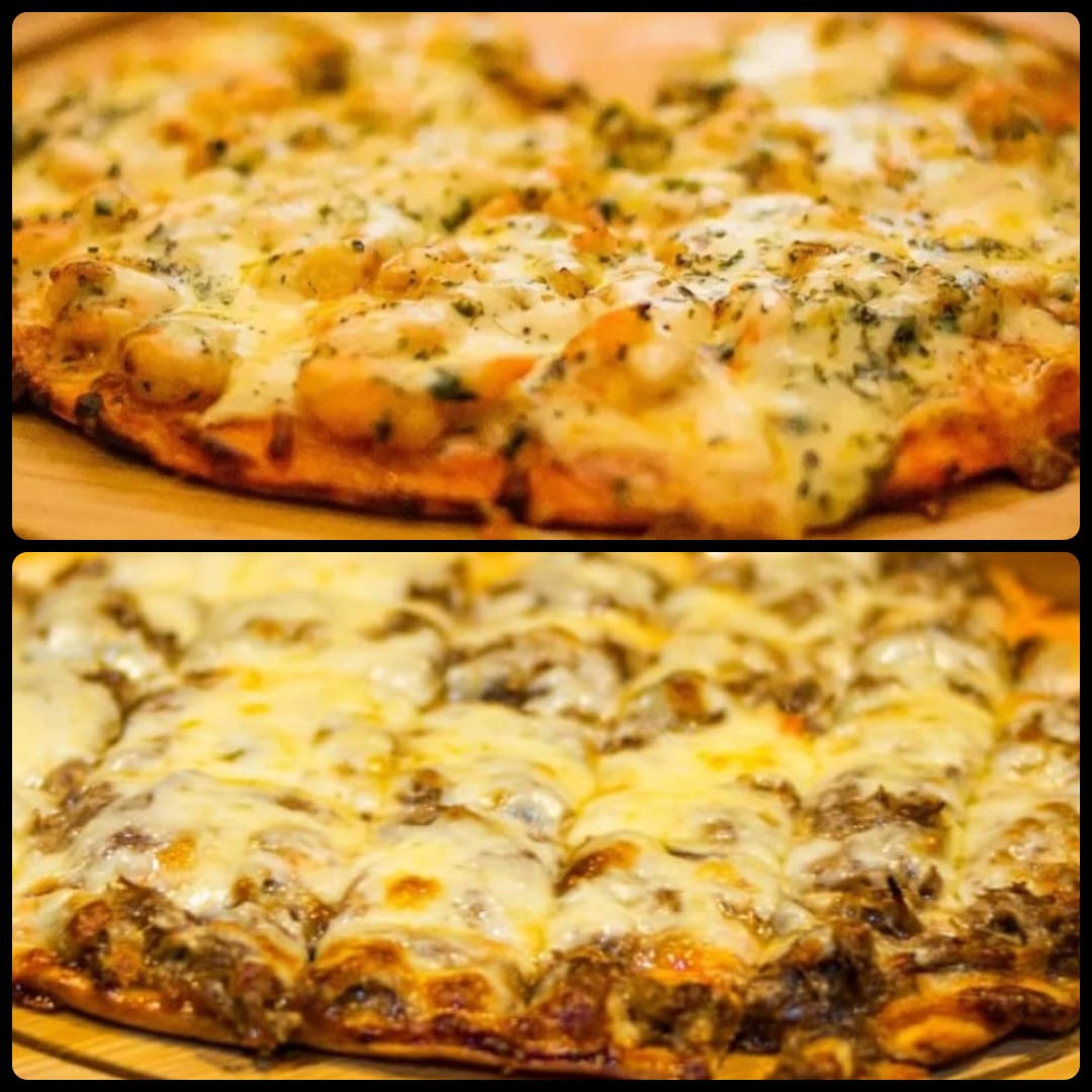 Pizza Meia Camarão, meia carne de sol