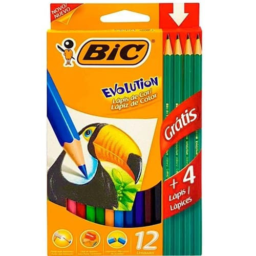 Kit Lápis de Cor Evolution com 12 Cores Grátis 4 Lápis Preto Bic