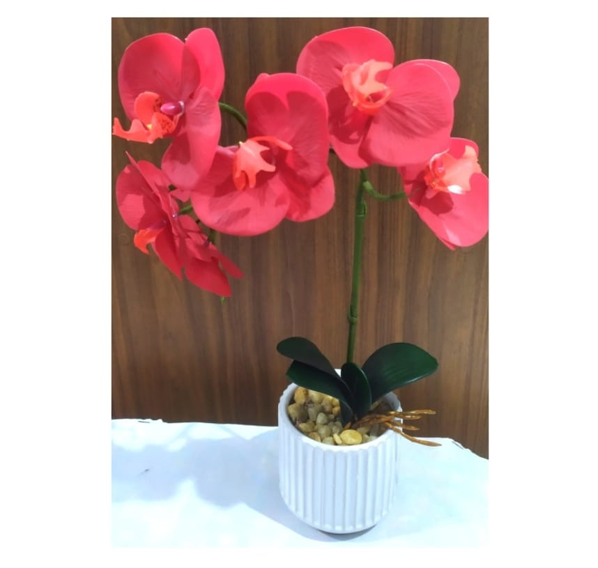 FLOR ORQUIDEA VERMELHA DE PLÁSTICO 