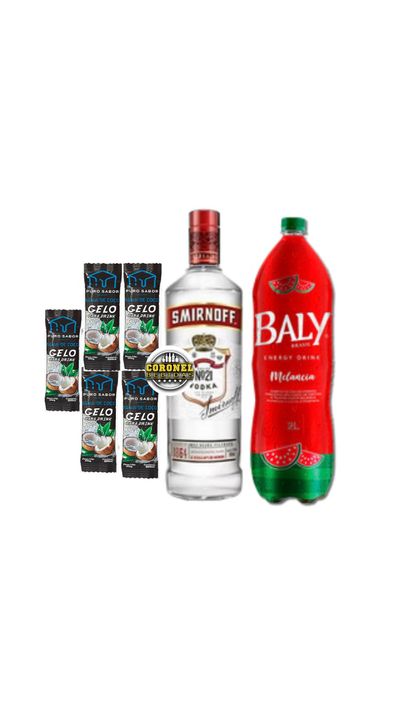 Vodka Smirnoff 1L + Baly 2L(escolher sabores) + 5 gelo de coco 