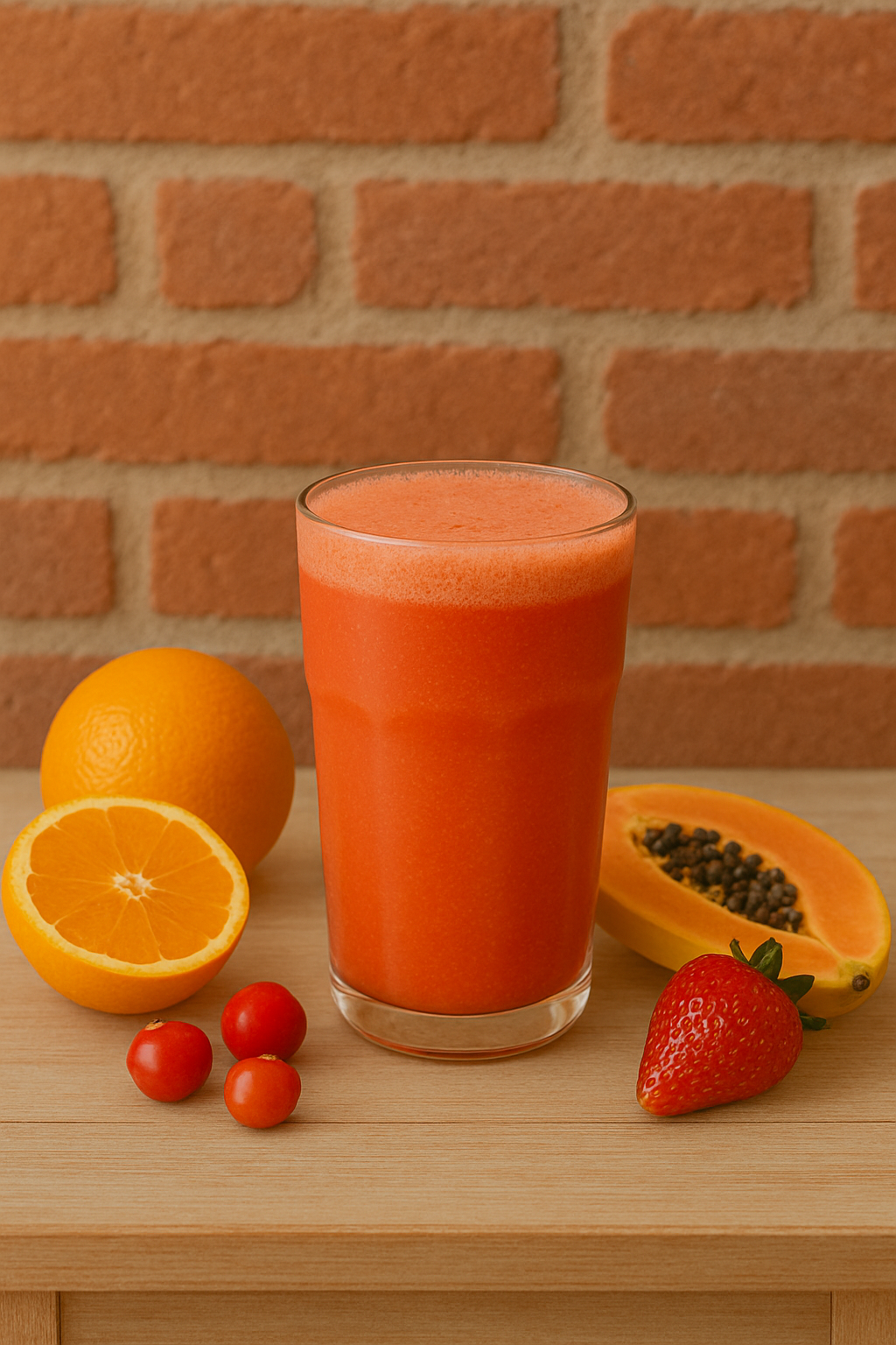 Suco de laranja com acerola, mamão e morango