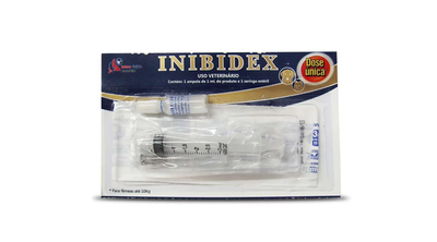 Inibidex - dose única. Contém 1 ampola de 1mL de produto e 1 seringa estéril.