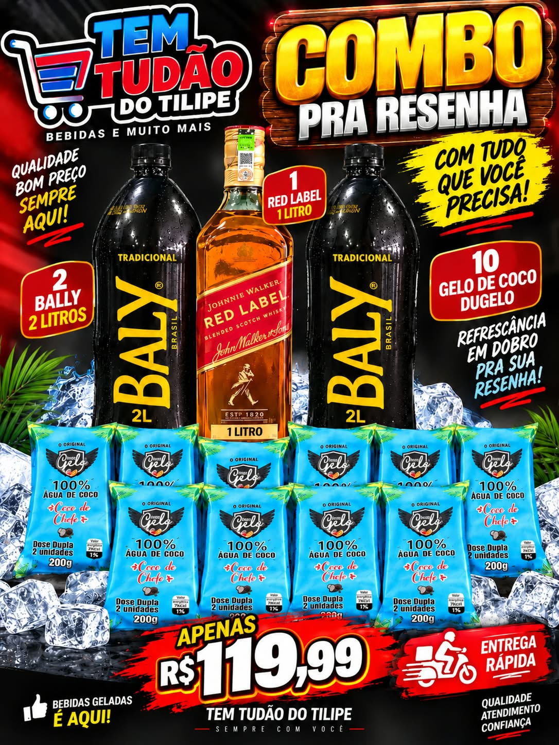 COMBO RED LABEL 1LT + 2 BALY 2LT + 10 GELO DE COCO SACHE 200GR