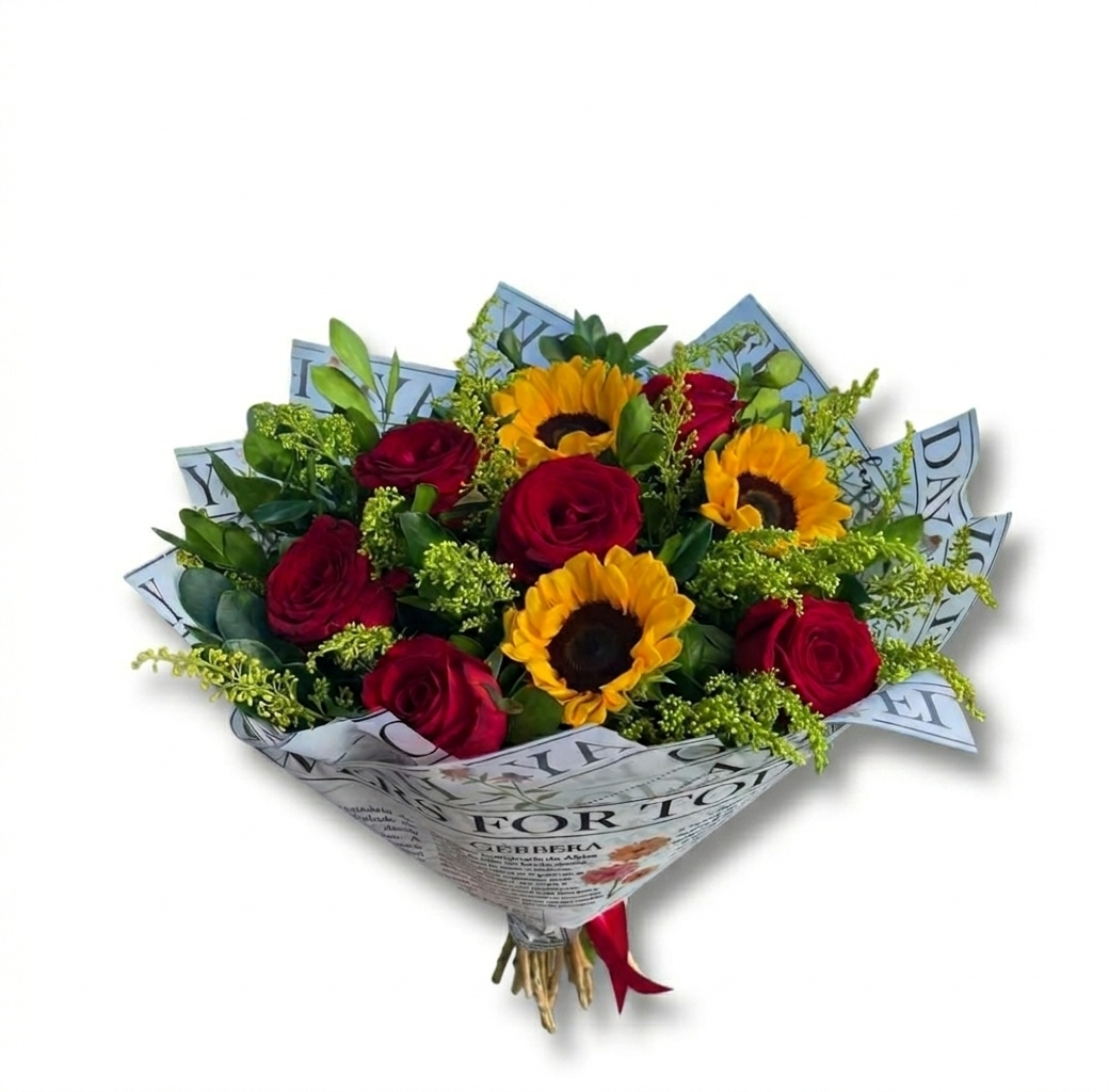Buquê  girassol com rosas vermelhas