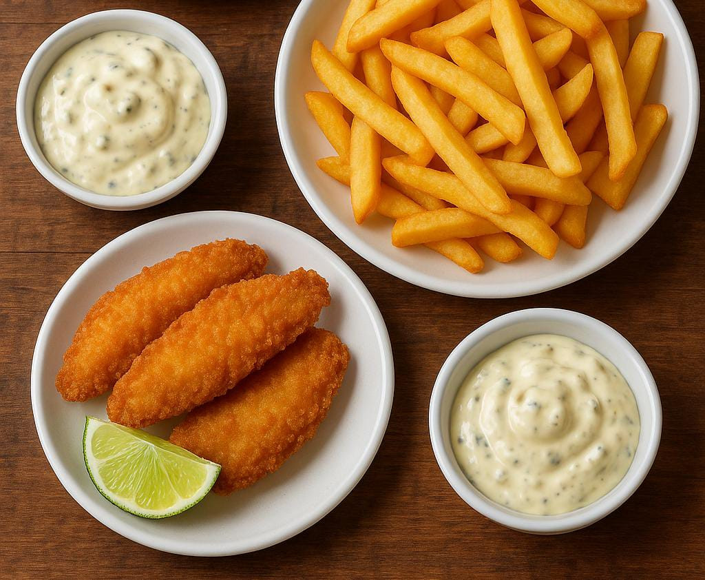 Porção de filé de tilápia com fritas