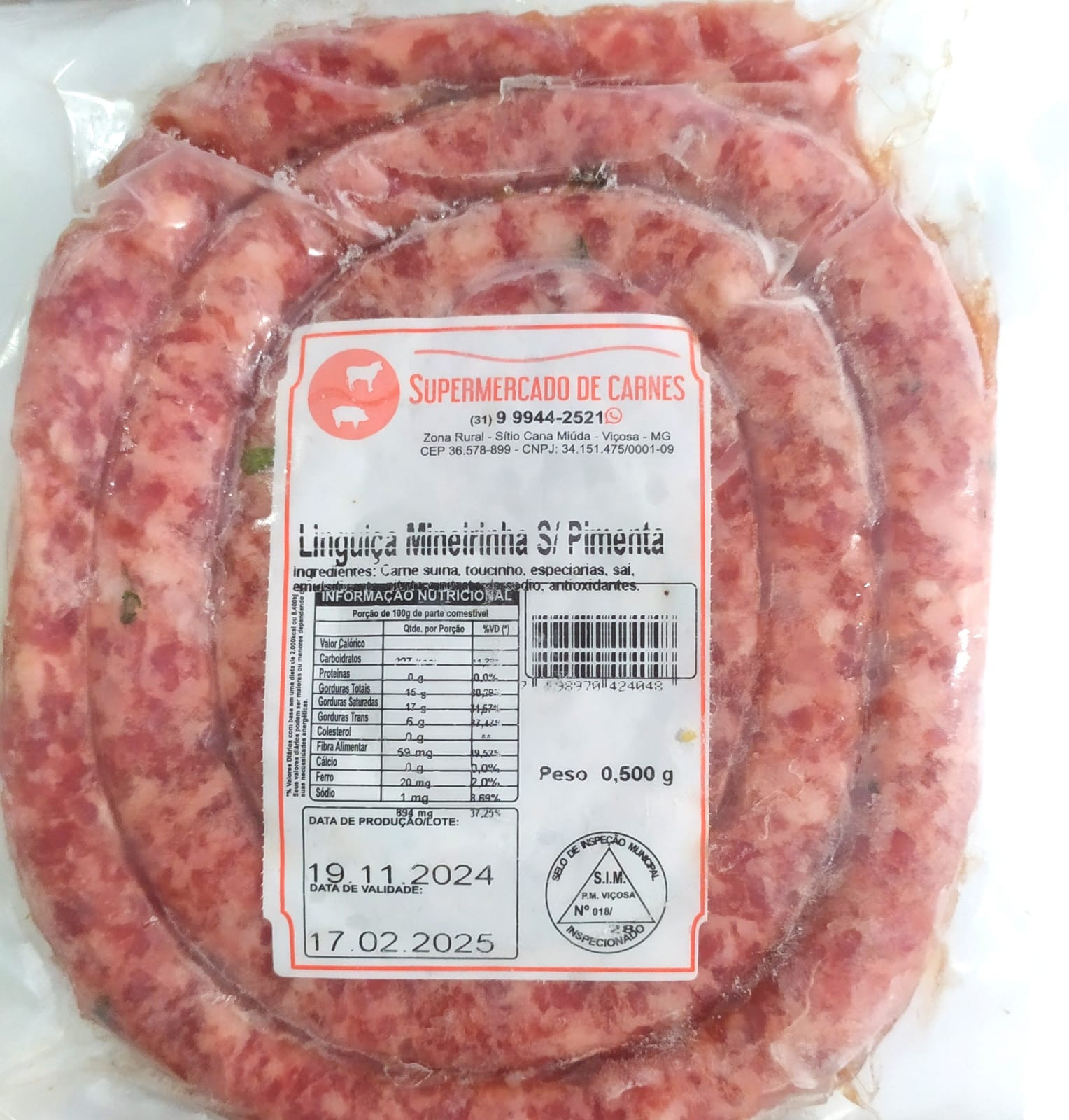 LINGUIÇA MINEIRINHA S/ PIMENTA SUPERM. DE CARNES 500G