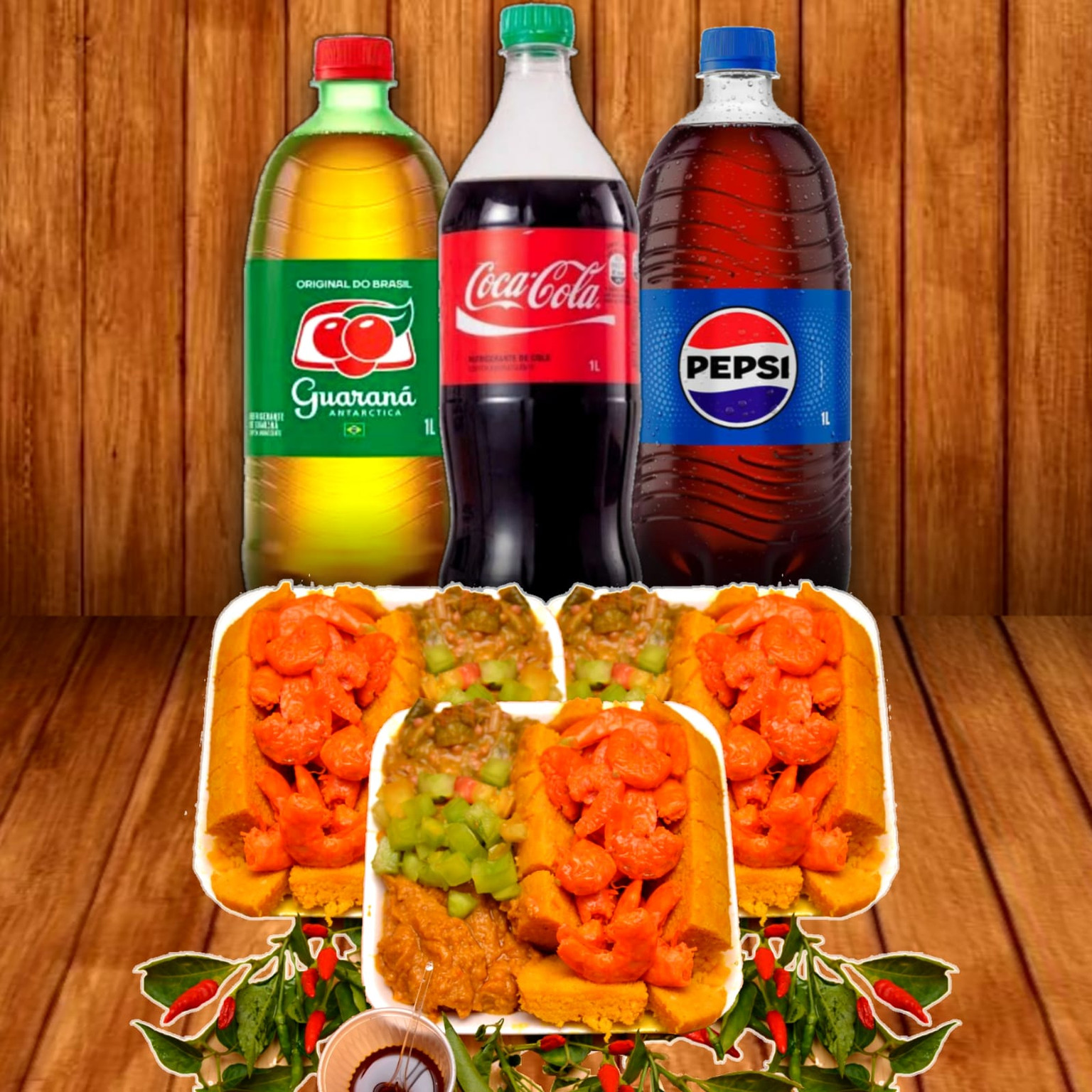 3 abará no prato com camarão defumado+refrigerante 1 litro