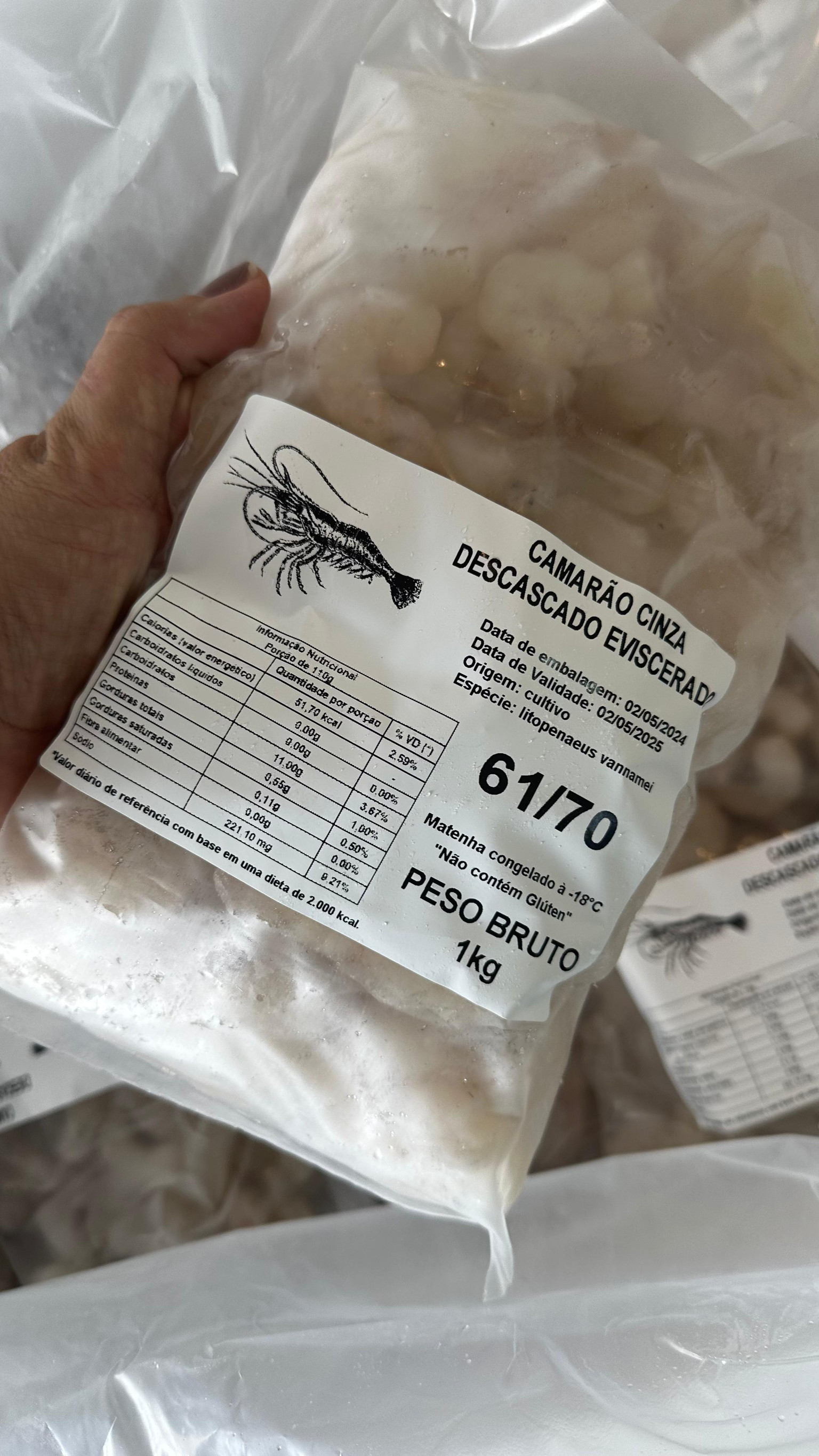 Filé de camarão cinza M 61/70 (1kg). ESVICERADO