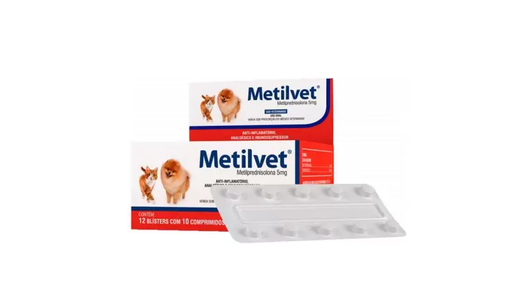 MetilVET 5mg. Contém 10 comprimidos.