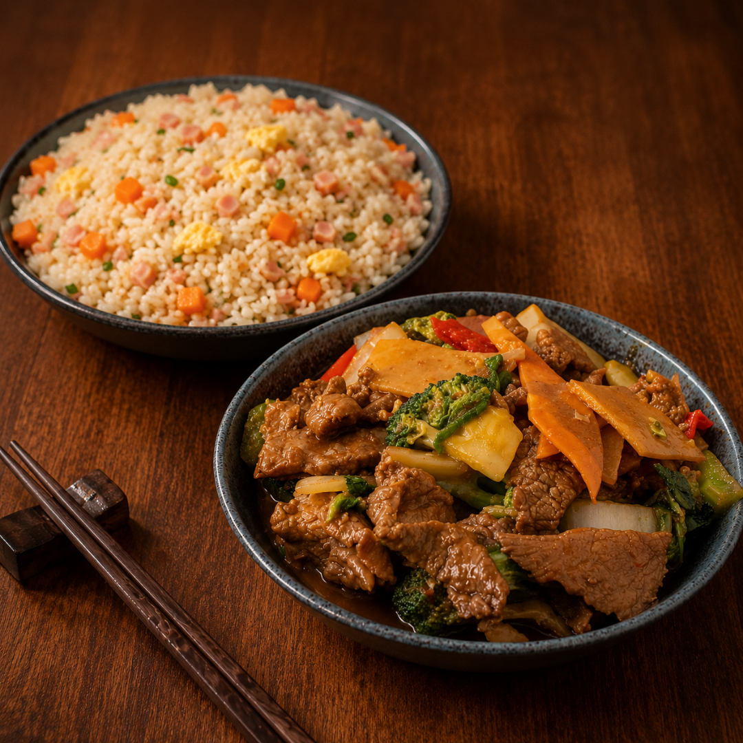 Carne de vaca com legumes+ arroz Chau Chau p/ 2 pessoas
