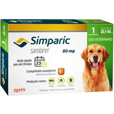  Antipulgas Simparic 80mg Zoetis para Cães 20,1 a 40 Kg. Contém 1 comprimido.