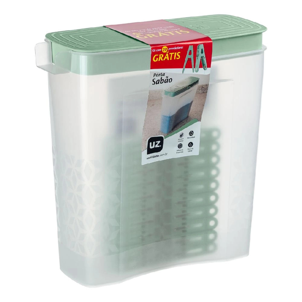 PORTA SABAO UZ VERDE MENTA + PRENDEDOR P/ ROUPA C/20UN