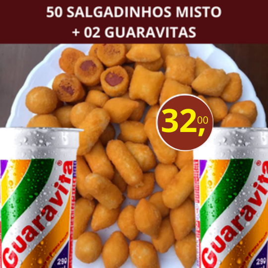 50 SALGADINHOS MISTO + 02 GUARAVITAS