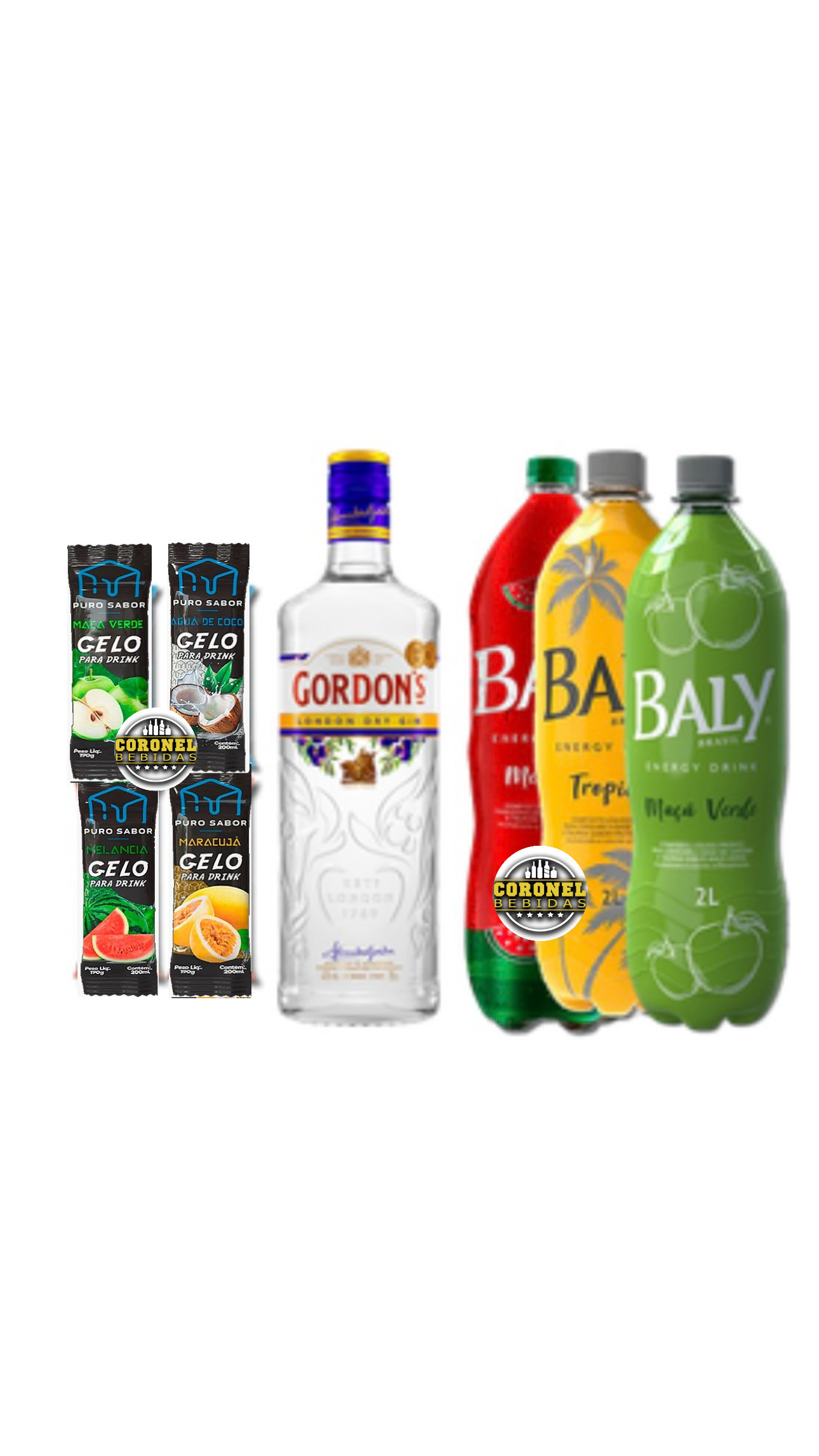 Gin Gordon's tradicional 750ml+ 1 Baly 2l (escolher sabores)+  5 Gelo coco