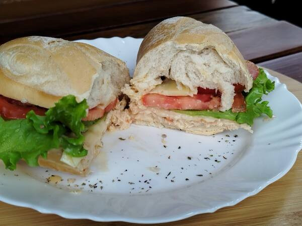 SANDUICHE DE BAGUETE COM CARNE DESFIADA DE FRANGO