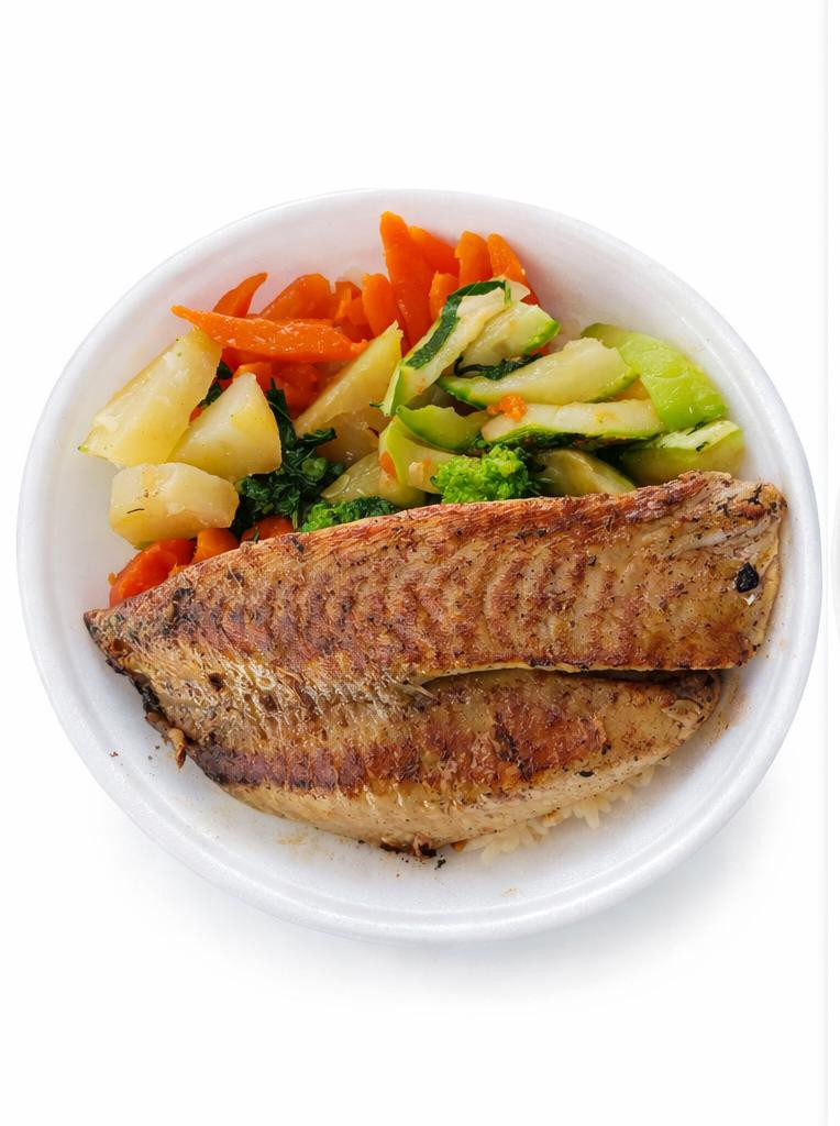 Filé de Tilápia grelhada com Legumes.