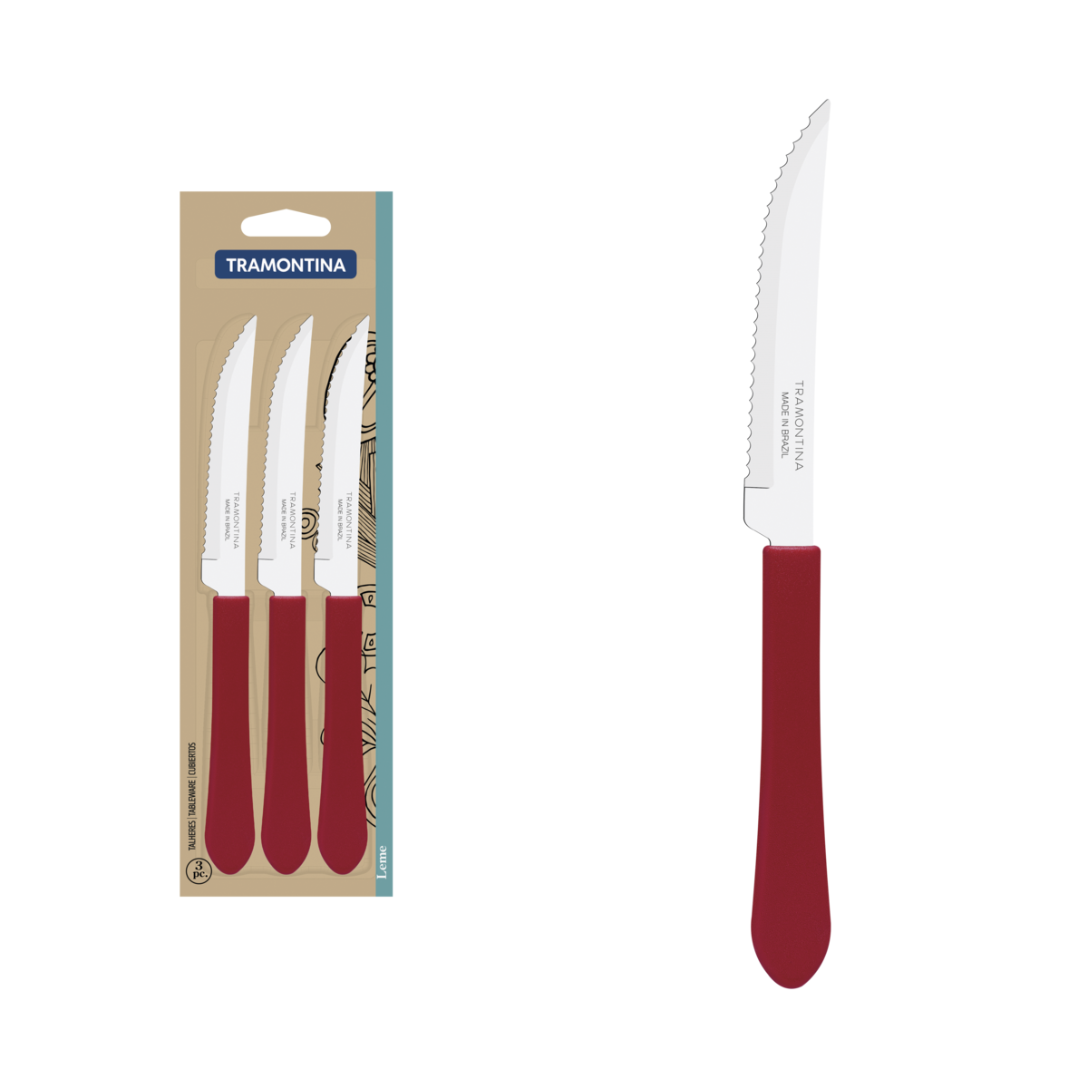 FACA TRAMONTINA LEME VERMELHO INOX C/3UN