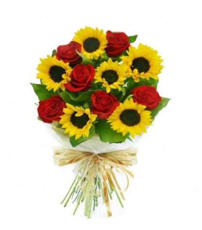 Buquê de rosas com girassóis