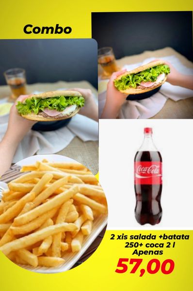 combo 2 xis salada + batata 250 gr + coca 2 litros