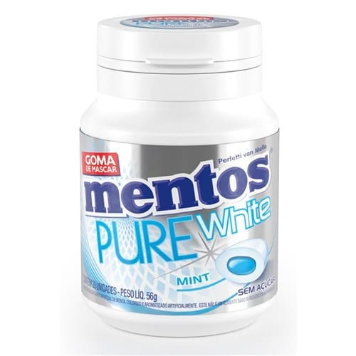 Goma de Mascar sem Açúcar Mentos Pure White Mint Garrafa 56g 28 Unidades