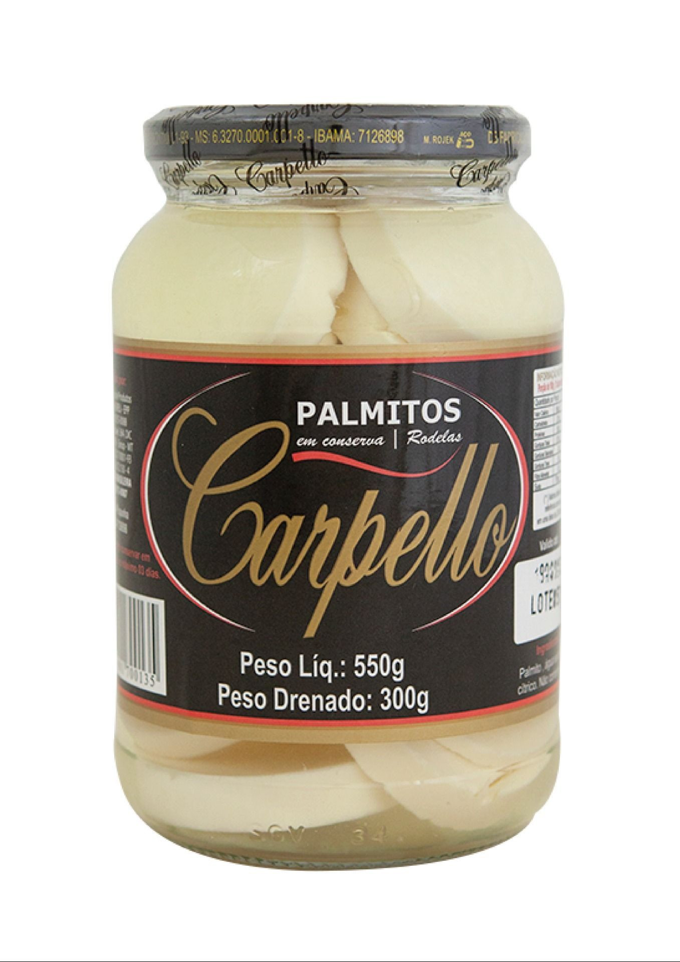 PALMITO RODELA EM CONSERVA CARPELLO 300G POTE VIDRO UN