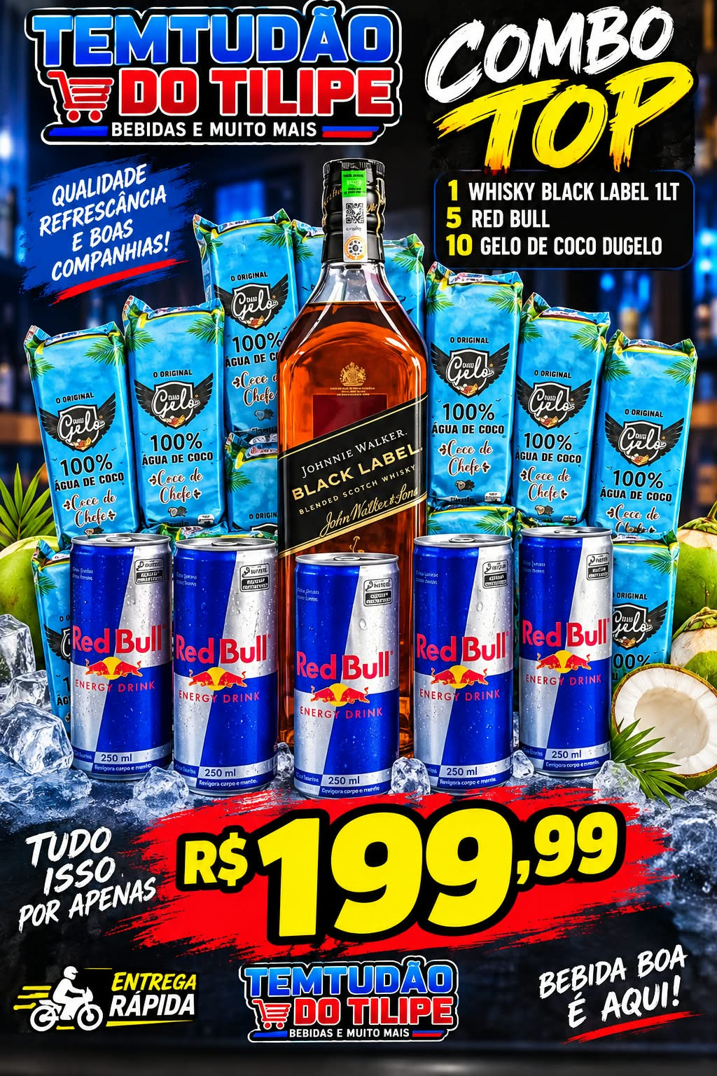 Combo Black Label 1LT+5 RED BULL +10 GELO DE COCO 200GR