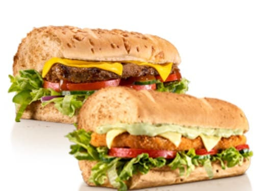2 Subs (15cm) Favoritos: Steak Churrasco/Frango Empanado/Frango
