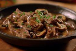 Isca de Carne com Molho Madeira e Champignom