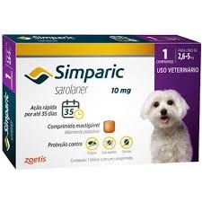 Antipulgas Simparic 10 mg Zoetis  para Cães 2,6 a 5 Kg. Contém 1 comprimido.