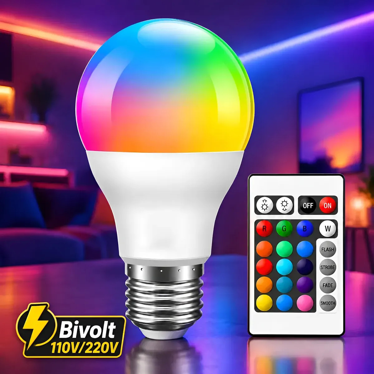 Lâmpada Led Rgb 10w Controle 16 Cores E27 Festa Colorido