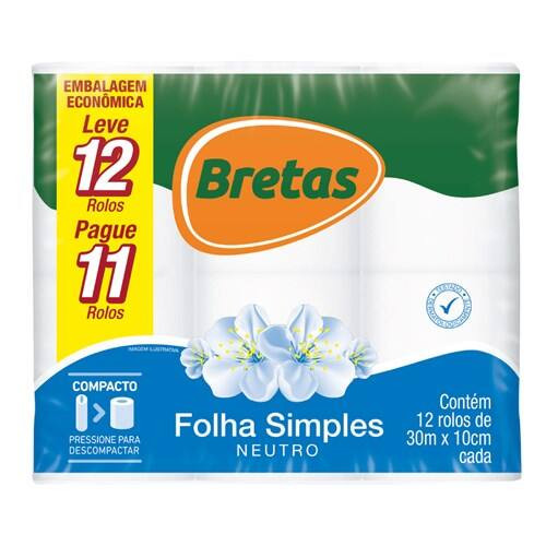 Papel Higiênico Folha Simples 30m Bretas Leve 12 Pague 11un