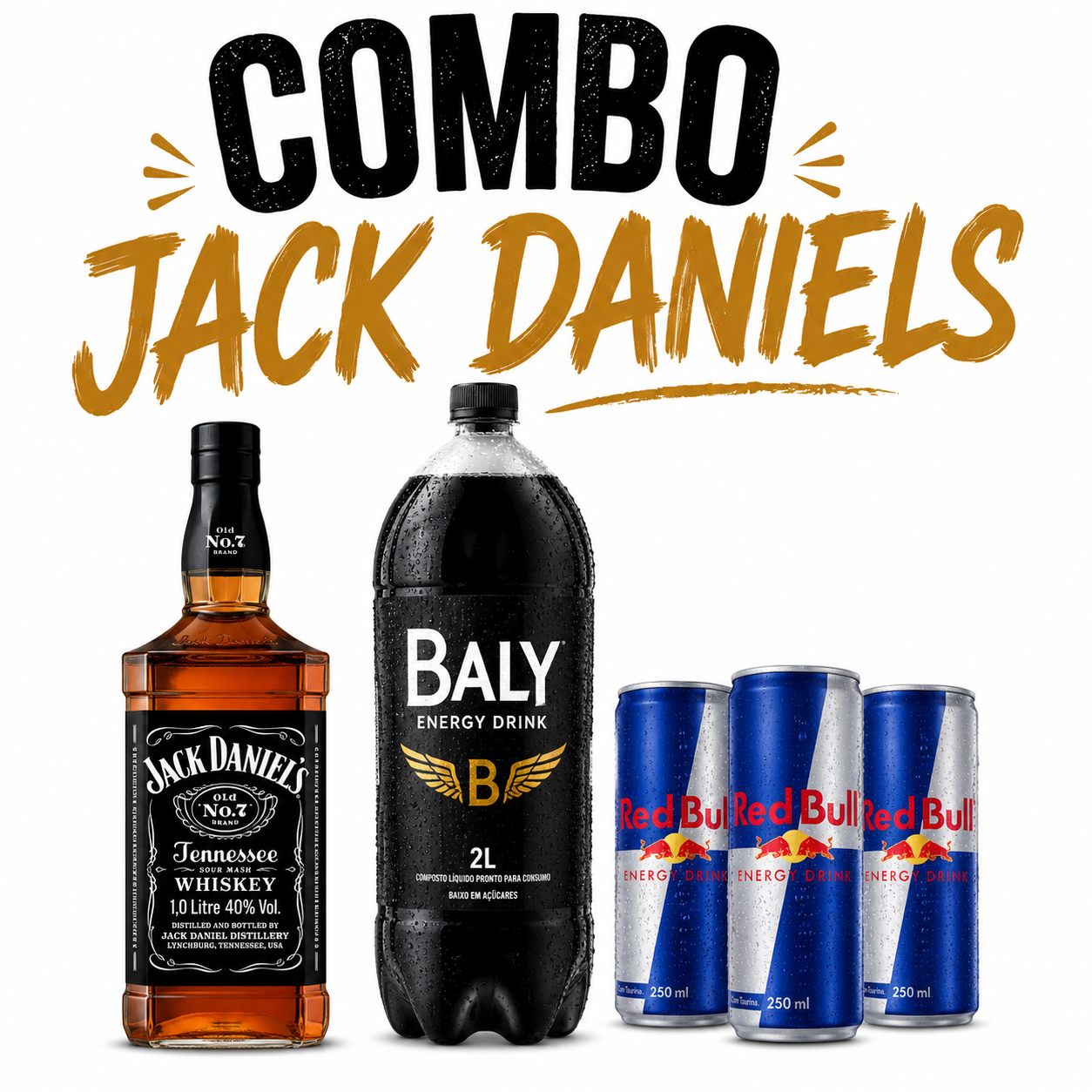 COMBO JACK DANIELS + 3 RED BULL 250ML OU BALY 2L